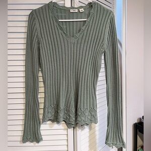 Cato Sage Green V-neck, Ribbed Sweater W/ Crochet Hem. Size M.